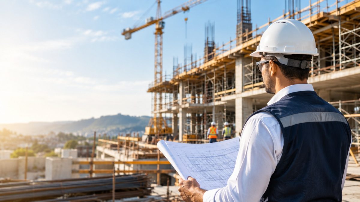 Engenheiro de capacete com a planta na mão diante de um prédio em construção, com uma grua ao fundo (imagem ilustrativa)
